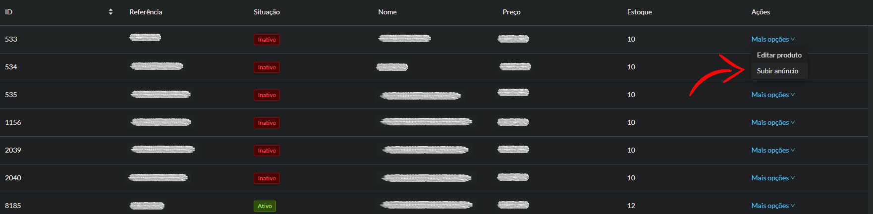 Exemplo de como acessar o menu de Subir anúncio